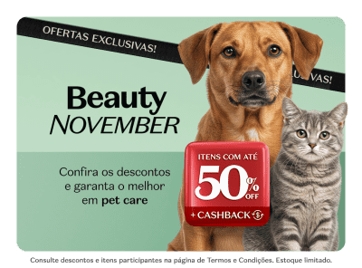 O banner apresenta uma promoção de produtos para cuidados com animais de estimação com descontos de até 50% e acúmulo de cashback.