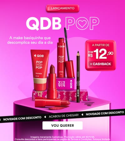Coleção de produtos de maquiagem da linha QDB POP, sobre fundo rosa vibrante, comunicando o preço a partir de R$ 12,90.