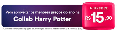 Banner de fundo roxo e vermelho com letras brancas, divulgando collab Harry Potter, com preço a partir de R$ 15,90.