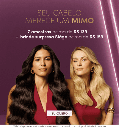 O banner apresenta duas mulheres com cabelos longos e brilhantes, uma morena e outra loira, promovendo um serviço de amostras de produtos para cabelo acima de R$ 139, com uma surpresa adicional acima de R$ 159.