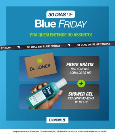 O banner apresenta uma promoção de "Blue Friday" com destaque para frete grátis acima de 109 e um shower gel acima de 129.