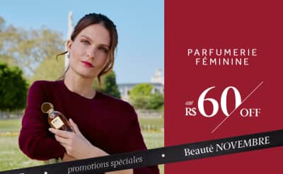 Uma mulher com aparência elegante e maquiagem suave. O texto destaca uma promoção especial de até R$60 de desconto na Parfumerie Féminine.