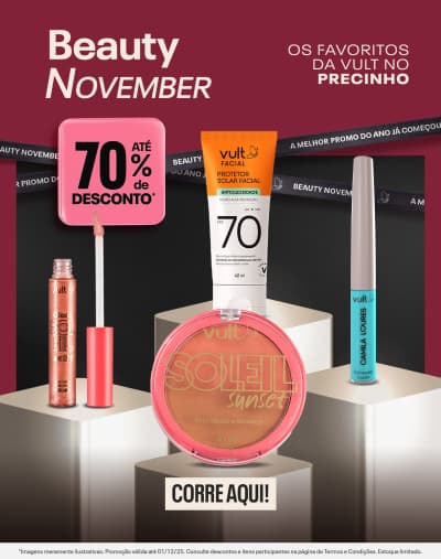 Diversos produtos de beleza em destaque.  Beauty November com até 70% de desconto.