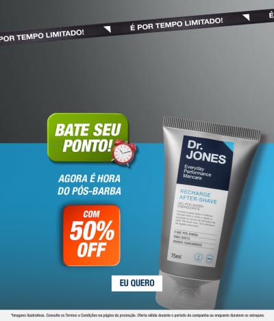 O banner apresenta um produto de pós-barba da marca Dr. Jones, com 50% de desconto. 