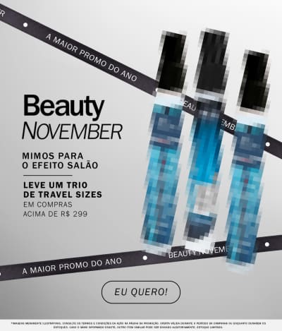 O banner apresenta o evento "Beauty November",  Destaca-se a oferta de um trio de travel sizes em compras acima de R$ 299.