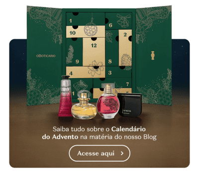 O banner apresenta um calendário do Advento com produtos de beleza da marca O Boticário, incluindo fragrâncias, loção corporal e máscara de cílios. O texto convida saber mais sobre no Blog.