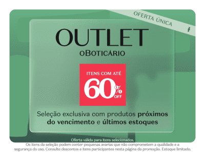 O banner apresenta uma oferta de desconto de 60% no Outlet O Boticário. O texto destaca que os descontos são para itens próximos do vencimento e últimos estoques.