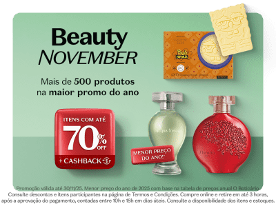 O banner traz uma promoção de produtos de beleza da campanha "Beauty November": mais de 500 itens com até 70% de desconto.