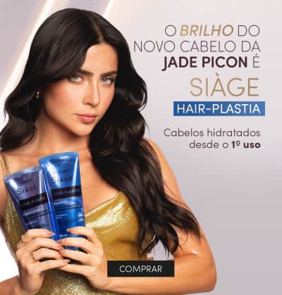 O banner apresenta uma modelo com cabelos escuros e ondulados segurando produtos da linha Siage Hair-Plastia da marca Eudora. O texto destaca os benefícios do tratamento para cabelos hidratados desde o primeiro uso.