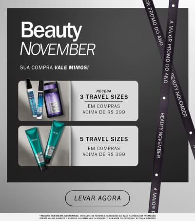 O banner apresenta uma promoção de 3 travel size acima de 299 e 5 travel size acima de 399