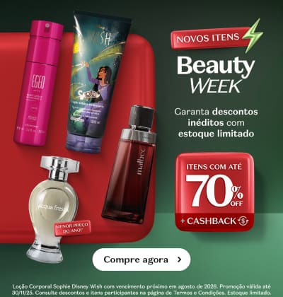 O banner apresenta uma promoção da "Beauty Week" com diversos produtos de beleza e descontos de até 70% com acúmulo de cashback.
