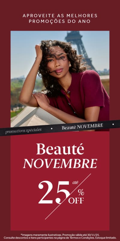 A imagem mostra uma modelo com cabelos cacheados e maquiagem suave. Beauté Novembre com 25% de desconto.