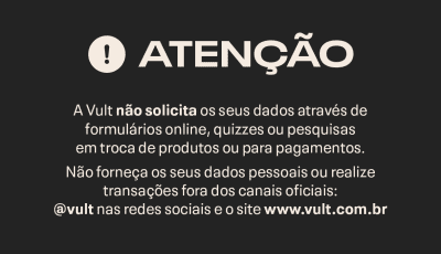 O banner alerta que a Vult não solicita dados pessoais ou realiza transações fora de seus canais oficiais, como redes sociais e site. Ele enfatiza a importância de não fornecer informações em formulários online, pesquisas ou para pagamentos.