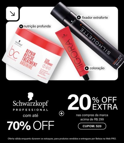 Aproveite produtos Schwarzkopf com até 70% OFF + 20% OFF extra nas compras da marca acima de R$ 299 com S20.
