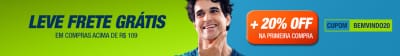 O banner mostra um homem sorridente segurando um produto. O texto anuncia "Leve frete grátis em compras acima de R$ 109" e "20% de desconto na primeira compra", com os códigos promocionais "CUPOM" e "BEMVINDO20".