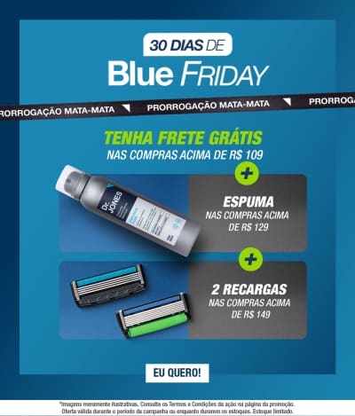 O banner promove a "Blue Friday" com 30 dias de promoções, oferecendo frete grátis em compras acima de R$ 109 e descontos em produtos como espuma e recargas de lâminas de barbear.