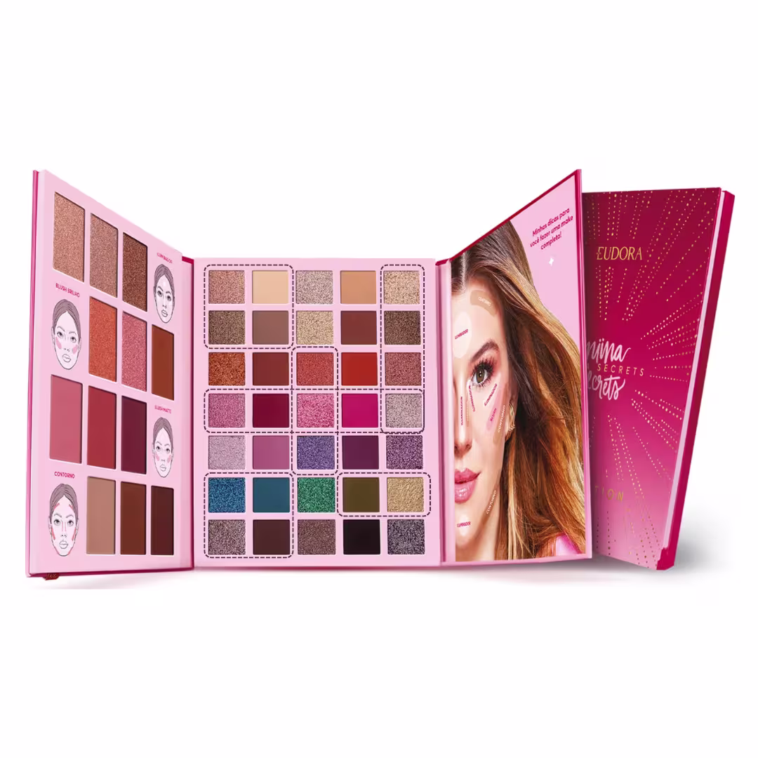 Paleta Niina Secrets Celebration aberta com indicações pontilhadas que sugerem a combinação de cores das sombras