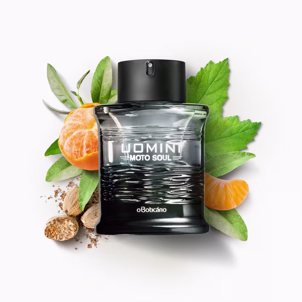 Frasco da fragrância Uomini Moto Soul com os ingredientes que compõe a perfumaria