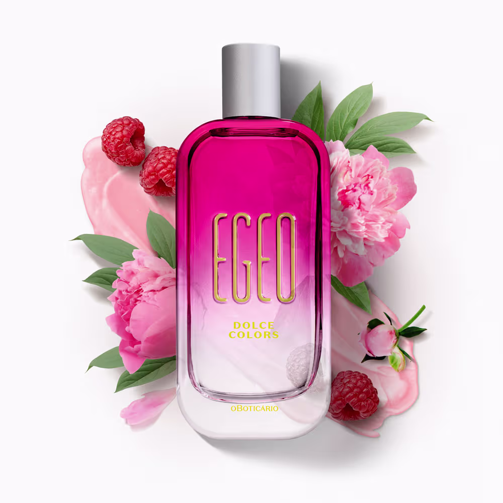 Frasco de Egeo Dolce Colors com os ingredientes da fragrância