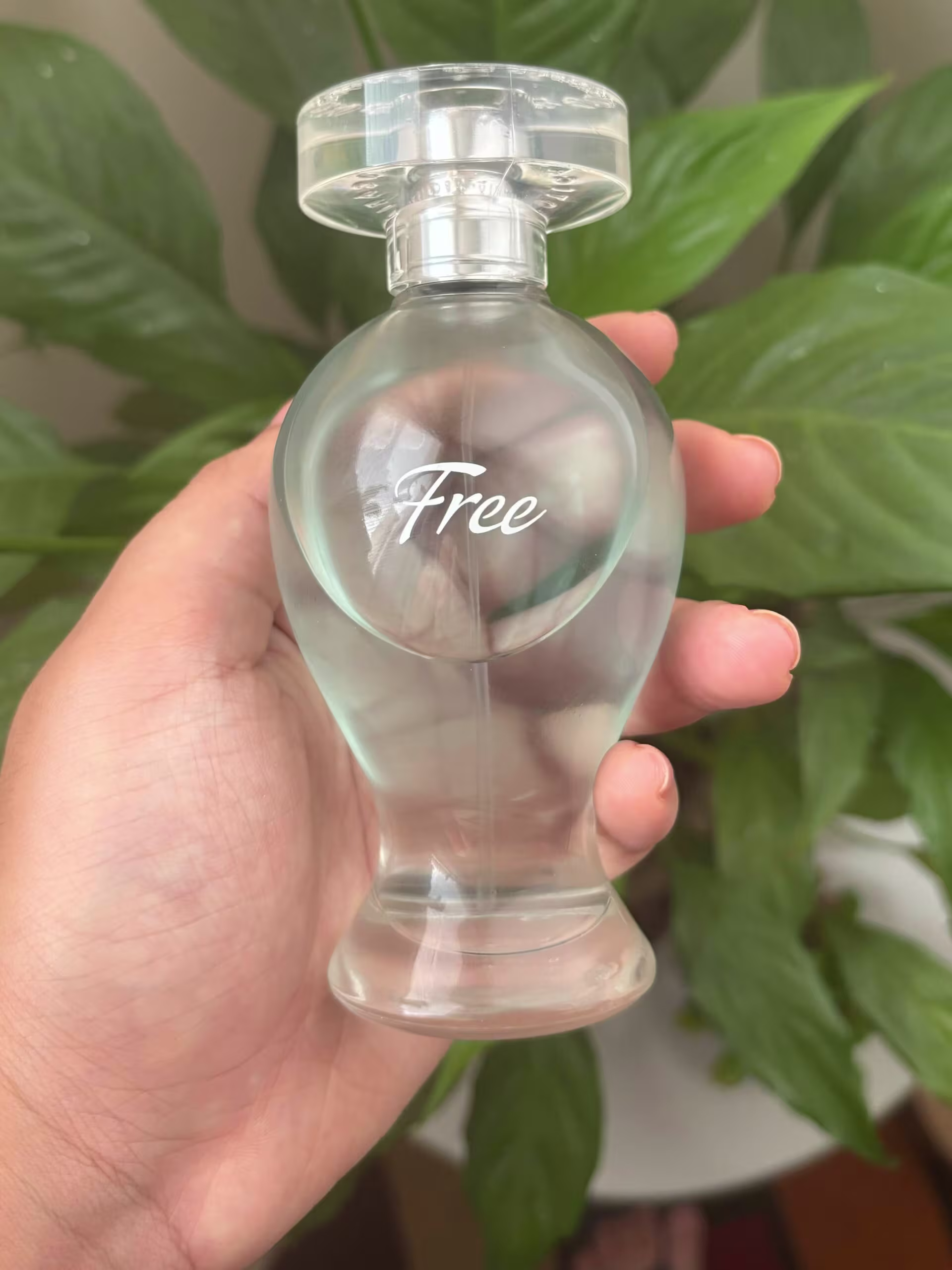 Uma mão segura um frasco de Free Boticollection na frente de uma planta verde. O frasco é principalmente de vidro transparente.