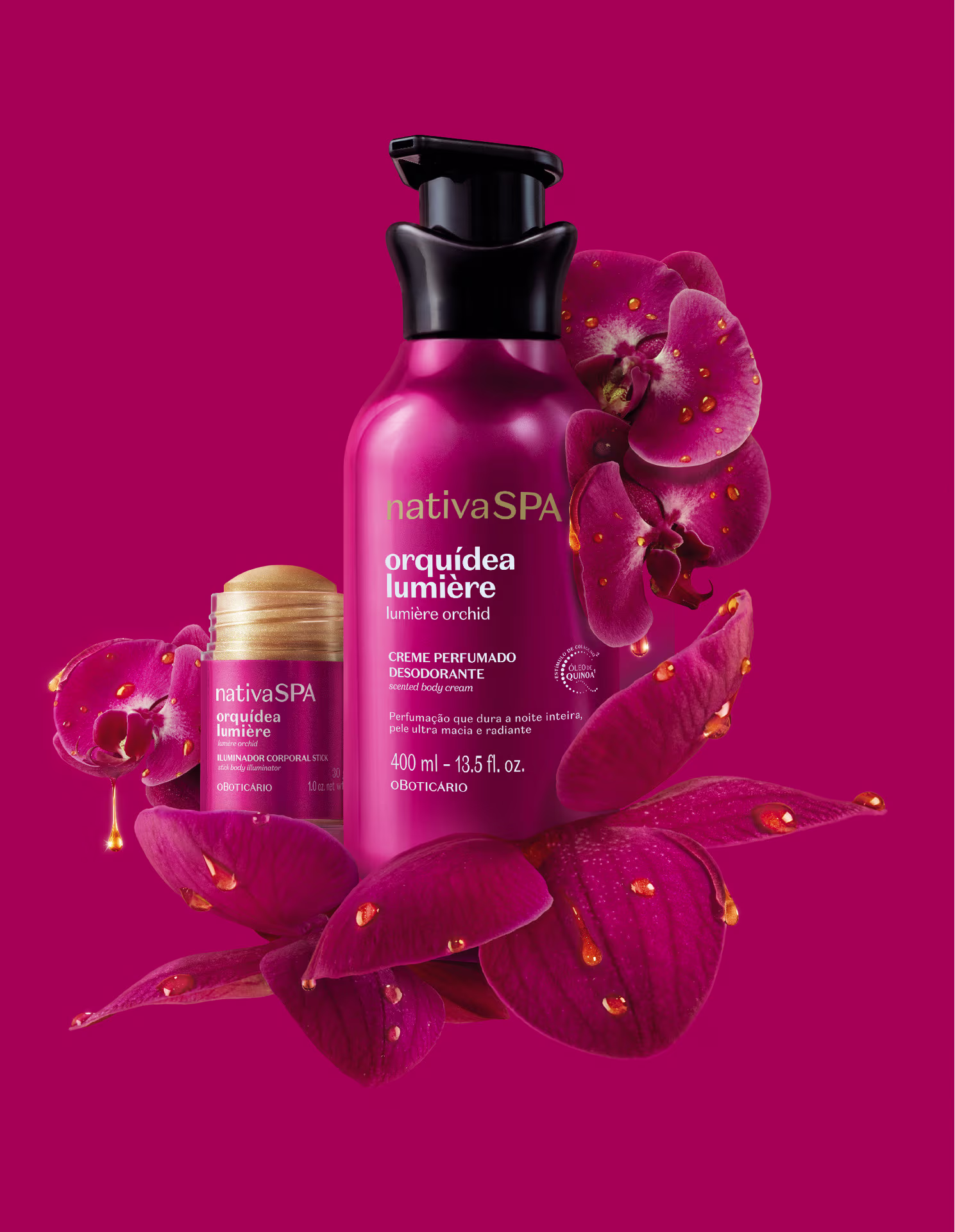 Frascos do creme e do iluminador corporal Nativa SPA Orquídea Lumière, cercados por orquídeas roxas com gotas de água.