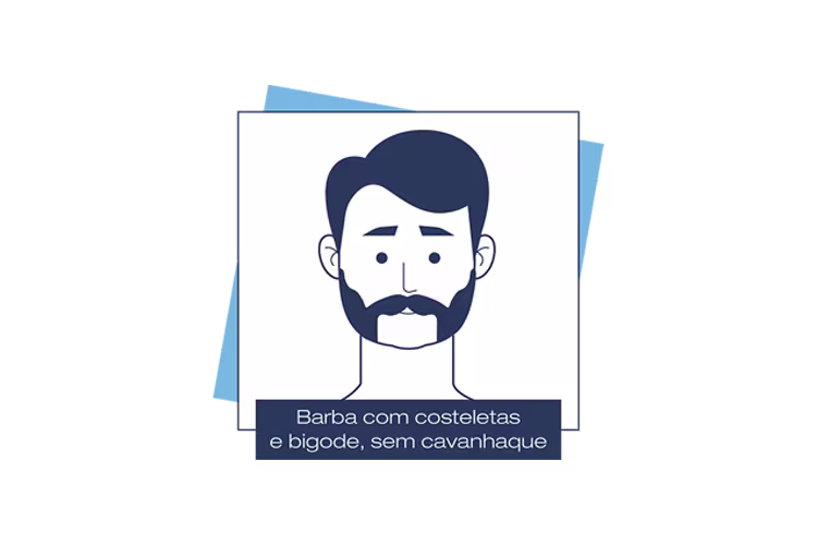 Desenho em azul e branco da Dr. JONES mostra barba com costeletas e bigode, sem cavanhaque.