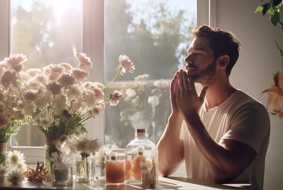 Imagem gerada por IA de homem de cabelos curtos e barba, camiseta branca, em frente a uma mesa com flores e luz do sol entrando pela janela.
