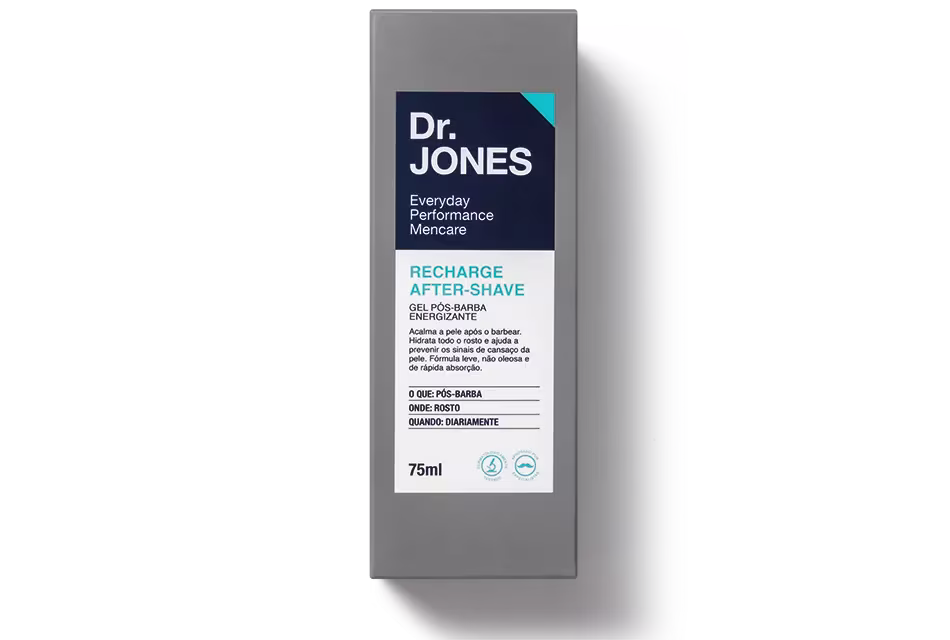 Foto de destaque da embalagem do gel pós-barba Recharge After-Shave, da Dr. JONES, dentro da caixa.