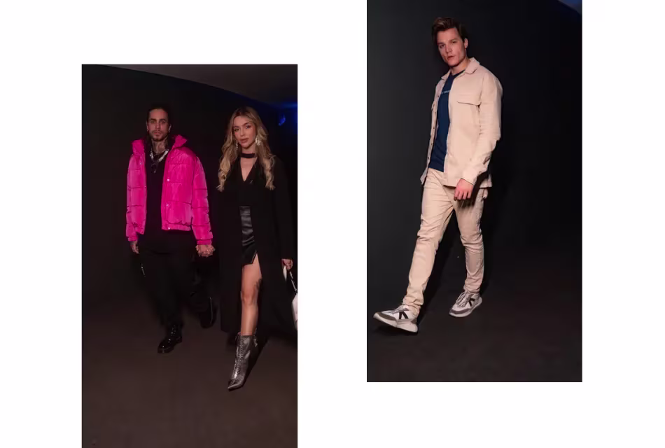 Thaigo Consani, de calça preta e jaqueta rosa-choque; Gabi Domingues, de vestido preto e sobretudo preto; e Emanoel Paier, de camisa azul e conjunto de blazer e calça rosados, chegam à festa da revista GQ.  