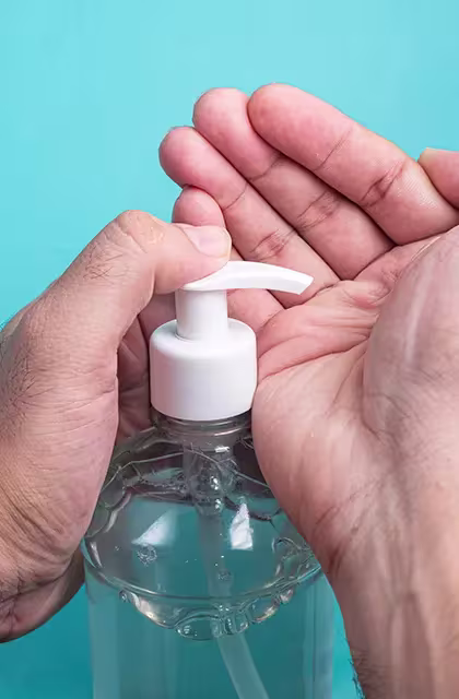 Foto de mão de homem de pele clara apertando o 'pump' de um frasco de álcool em gel para passar na outra mão.