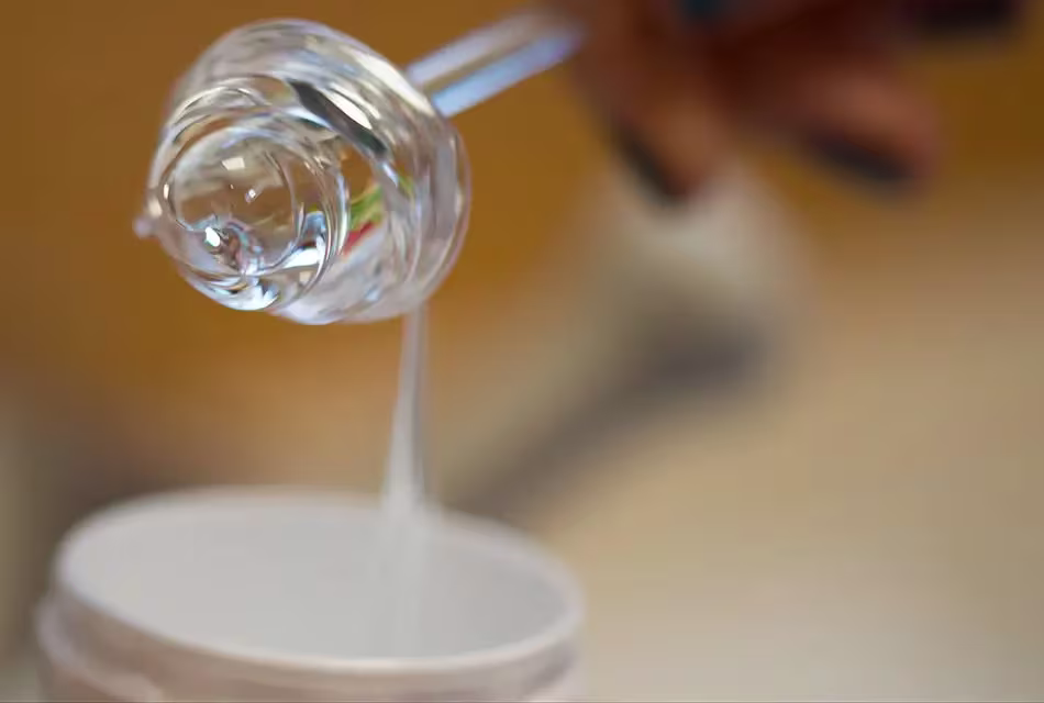 Imagem mostra pequena espátula em destaque, exibindo aspecto e viscosidade do Pantenol (Pró-Vitamina B5), que é um líquido quase incolor que escorre em direção a um tubo branco.