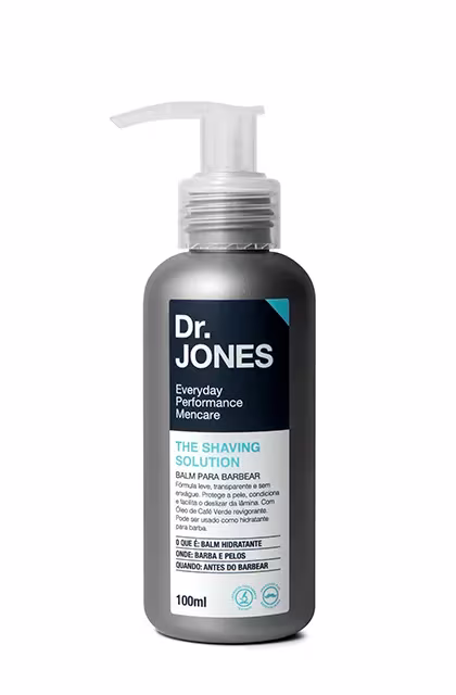 Foto de destaque da embalagem do balm The Shaving Solution, da Dr. JONES.