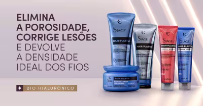 O banner mostra vários frascos da linha Siàge Hair Plastia, incluindo shampoos e máscaras capilares em tons azuis e vermelhos. O texto destaca os benefícios dos produtos, como eliminar a porosidade e corrigir lesões