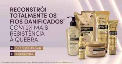 A imagem mostra vários produtos da linha "Reconstrói os Fios" da marca Eudora Siàge, com destaque para frases ressaltando os benefícios para cabelos danificados.