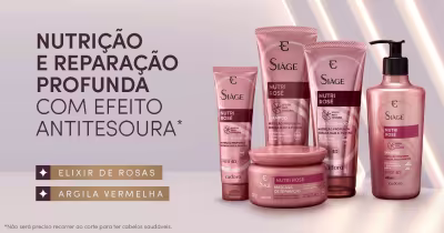A imagem apresenta vários produtos cosméticos da linha "Nutri Rose" da marca Siâge, em tons de rosa.
