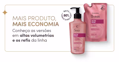 A imagem mostra produtos capilares Siàge Nutri Rose em embalagens de diferentes tamanhos, incluindo refis, com frase sobre economia em grandes volumes.