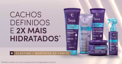 O banner apresenta produtos da linha Siàge "Revela os Cachos", incluindo shampoo, condicionador e creme para definir e hidratar os cachos.