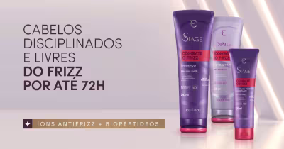 A imagem mostra uma linha de produtos de cabelo para combater o frizz, incluindo shampoo, condicionador e máscara capilar, da marca Stage.