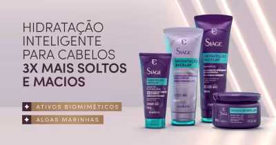 A imagem mostra produtos de tratamento capilar da linha "Siàge Hidratação Micelar" em tons de roxo e azul, prometendo hidratar e deixar os cabelos 3x mais soltos e macios.