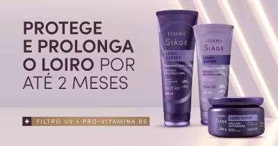 Imagem de produtos para cabelos lisos e com bloqueio do frizz da linha Loiro Expert da marca Eudora Stage.