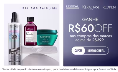 O banner mostra produtos de marcas de cuidados capilares como Redken, L'Oreal e Kerastase, com oferta de desconto.