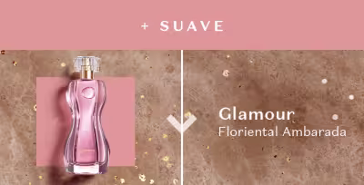 A imagem mostra um frasco da fragrância Glamour Tradicional, ao lado do olfativo Floriental Ambarado.