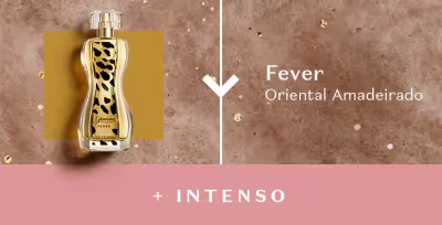 A imagem mostra um frasco da fragrância Glamour Fever, ao lado do olfativo Oriental Amadeirado.