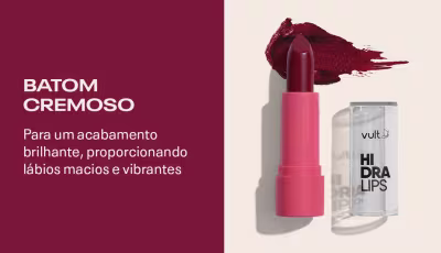 Uma embalagem de batom cremoso vermelho escuro. Para um acabamento brilhante, proporcionando lábios macios e vibrantes.