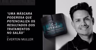 Banner publicitário com a máscara "Net Mask" da marca Truss, com foto do especialista Everton Muller e frase "Uma máscara poderosa que potencializa os resultados dos tratamentos no salão" atribuída a ele.