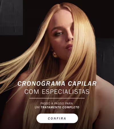 Banner publicitário com uma mulher loira de olhos intensos promovendo cronograma capilar com especialistas. Confira o passo a passo!