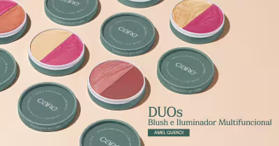 A imagem mostra vários potes de maquiagem com duas cores diferentes, sendo uma blush e outra iluminador multifuncional.