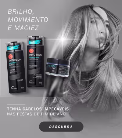 O banner apresenta uma mulher com cabelo liso, fotos de shampoo, condicionador e mask TRUSS e descrição: Tenha cabelos impecáveis nas festas de fim de ano.