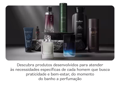 O banner apresenta uma variedade de produtos de cuidados pessoais masculinos, incluindo perfumes, shampoos e outros itens.