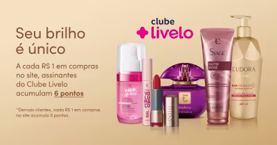 O banner promove o Clube Livelo, um programa de fidelidade que oferece 6 pontos a cada R$ 1 gasto no site. Ele destaca produtos da marca Eudora, incluindo perfumes, cosméticos e tratamentos capilares.